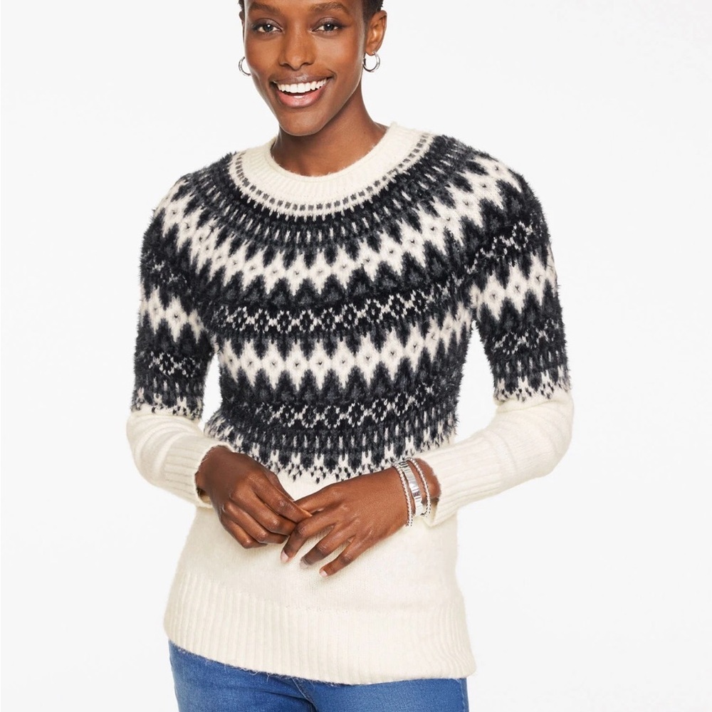 NWOT Talbots Black and Cream Crewneck Sweater Persian Fair Isle